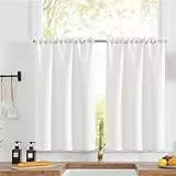 TOPICK Scheibengardinen Küche Weiß Bistrogardine mit Tunnelzug Modern Gardinen Kurz Lichtdurchlässig Leinenoptik Küchengardinen für Kleine Fenster Wohnmobil Küchenfenster 2er Set 90H x 70Bcm
