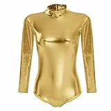 IBTOM CASTLE Ballettanzug Damen Frauen Langarm Body Ballett Trikot Turnanzug Gymnastikanzug Tanzen Bodysuit Tanztraining Gymnastik Kostüm Einteiler Metallic One Piece Leotards Oberteile Gold M