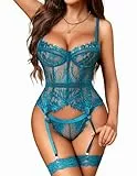 Avidlove Damen Dessous Set Spitze Body Corsage Sexy Unterwäsche Curvy Bodysuit Teddy Reizwäsche Babydoll Lingerie Frauen Strapsen Set Blaugrün M