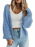 Damen Grobstrickpullover vorne offen Langarm Knopf Lose Kurze Strickjacke Oberbekleidung Mäntel, hellblau, M