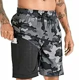 APTRO Herren Badehose Lang mit Kompression Liner Schnelltrocknend Badeshorts Schwimmhose 2 in 1 Badehosen mit Reißverschlusstasche Innenhose Surfen Strandhose Camo Grau MK284 XL