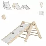 MAMOI® Klettergerüst Indoor, Kletterdreieck mit Rutsche aus Holz, Kletterturm mit Rutschbrett, Kletterbogen, Regenbogenwippe, Montessori Spielzeug
