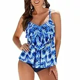 Veranobreeze Badeanzug Damen Zweiteilig Tankini Damen Bauchweg Hohe Taille Freizeit Oberteile mit Hotpants Rüschen Badeanzug Damen Große Größe(Blau & Pool, EU40)