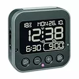 TFA Dostmann Bingo 2.0 digitaler Funk-Wecker, 60.2552.01, invertiertes Display, 2 Weckalarme, Datum + Wochentag, inkl Thermometer, mit Licht, ohne Ticken, Funkuhr, L 95 x B 41 x H 96 mm, schwarz