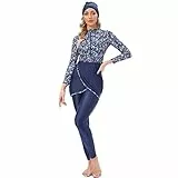 IBTOM CASTLE Muslimische Badeanzug Damen, Burkini Muslim, Ganzkörper Badeanzug Damen, Hijab Badeanzug Damen, Bescheidene Modest Muslim Swimwear Langarm Top+Hosen+Hijab 3 Stücke Set Blau + Blumen L