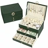 Granbest 3 Schichten Schmuckkästchen mit 2 Schubladen, Elegante Schmuckkasten, Leder Schmuckbox Ideal für Halsketten, Armbänder, Ringe und Ohrringe (Dunkelgrün)