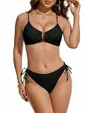 HORISUN Damen Bikini Set Zweiteilig Crinkle Strukturstoff Push Up U-Wire Oberteil Verstellbare Träger Cheeky Unterteil Seitenschnürung Strand Bademode Schwarz M