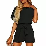 Ejoyous Jumpsuit Damen Sommer Blumen kurz Overall, Jumpsuit Kurz Playsuit Overal Elegant mit Bindegürtel Ausschnitt Spagettiträger Stretch Locker Damen Frauen(L-Schwarz)