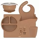 OLGS Silikon Kindergeschirr 6er Set für Baby & Kind | Kinder Geschirr, Teller, Becher, Tischset | Lätzchen, Schüssel mit Saugnapf, Kinderbesteck PREMIUM BPA Frei Braun | Geschirrset ab 6 Monate (Clay)