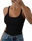 Wenrine Damen Tops Sommer Sexy U-Ausschnitt Gerippt Spaghetti Top Slim Fit Cami Einfarbig(Schwarz,S)