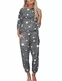 Ekouaer Schlafanzug Damen Lang Zweiteiler Pyjama Hausanzug Langarm Pyjama Set 2 Teiliges Set Damen Schlafanzüge Mädchen,Dunkelgraue Sterne S