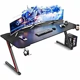 TRIUMPHKEY Gaming Tisch 160 x 60 cm, Gaming Schreibtisch, PC Tisch mit Kopfhörerhaken und Kohlefaserbeschichtung, Ergonomischer Computertisch, Metallgestell, Kohlefaser Schwarz