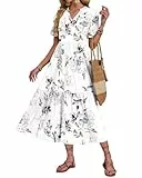 AUSELILY Sommerkleid Damen Lang V Ausschnitt Maxikleider Damen Sommer Rüschen Kurzarm Strandkleid Midi Freizeit Kleider Leicht und Luftig mit Taschen Elastischer Taille Weisse Blumen L