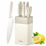 Yabano Messerblock Set, 7 teilig Messerset mit Messerblock und integriertem Messerschärfer,Küchenmesser Set mit Kunststoffblock (Weiß)