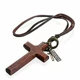 Flongo Damen Halskette Kette Männer Anhänger, Anhänger Leder Halskette mit Rosenkranz Bibel Gravur Kreuz aus Holz Schwarz Braun Jahrgang Damen Herren-Accessoires