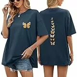 TOMEEK T-Shirt Für Damen Top Sommer Oversize Shirt Rundhals Kurzarm Baumwolle Weiße Tshirts Vintage Loose Tshirt Lockere Passform Basic Tee Kurzärmelig(Marineblau,XL)