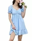 Damen Sommerkleid Puff Ärmel Hohe Taille Swing Sexy Minikleid Einfarbig V-Ausschnitt Freizeit Strandkleider