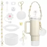 10Stück Stanley Cup Zubehör, 3 Auslaufschutz, 1 Strohhalm Abdeckung, 1 Becherring 1 Wasserflaschen Band, 1 Silikonhülle, 1 Pompon Ball, 1 Schlüsselanhänger, 1 Herzförmiger Haken (Creme Pompon)