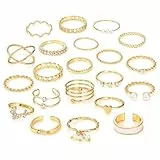 21 Stück Ringe Gold Damen Frauen, Boho Goldener Stapelringe Daumenring Fingerring Stapelbarer Knuckle Ringe Blumen Blatt Ring Perlenring Statement Ring Schmuck für Damen Mädchen (Gold Set 1)