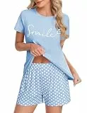 UMIPUBO Schlafanzug Damen Kurz Shorty Pyjama Sommer Zweiteiliger Set Nachtwäsche Kurzarm Loungewear Oberteil und Elastischer Bund Schlafshort Mit Taschen Hausanzug Weich Sleepwear Pjs (Blau, M)