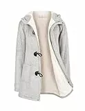 Yuson Girl Winterjacke Damen Fleecejacke Lang Warm Hornknopfjacke Einfarbig Wintermantel Kapuzenpullover Winter Cardigan Sweatshirt Damen Reißverschluss Kapuzenjacke mit Knopf(Hellgrau, S)