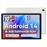 Ainmel Android 14 Tablet, 10 Zoll Tablet Octa-Core, 8GB RAM 64GB ROM 1TB TF Expansion, 1280x800 HD IPS WiFi 6 / BT 5.3 / Widevine L1 / 5000 mAh/Dual Kamera/Face ID Tablets PC, Weiß