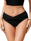 Ekouaer Damen Bikinihose V-Schnitt Ruched Bauchweg Badehose Bikini Unterteil Bademode Schwarz M