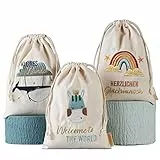 Papierdrachen 3 Geschenksäckchen zum Geburtstag - zur Geburt - aus Baumwolle - wunderschön und hochwertig bestickt - ideal zum Verpacken von Geschenken - Größe 20x30 cm mit Zugband