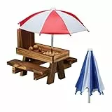 Relaxdays Eichhörnchen Tisch, Holz, Eichhörnchenbank mit 2 Schirmen, Eichhörnchen-Picknicktisch zum Hängen, Dunkelbraun