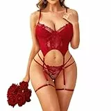 RSLOVE Sexy Dessous-Sets für Damen - Spitze Body Unterwäsche Mit Strumpfhalter Beinbänder Weinrot S
