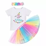 FYMNSI Kleinkinder Baby Mädchen 3. Dritter Geburtstag Outfit Baumwolle Kurzarm T-shirt Tops Prinzessin Regenbogen Tüll Tütü Rock Blumen Stirnband Set 3 Jahre Geburtstagsparty Kleid Fotoshooting Bunt