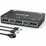 USB3.0 KVM Switch Displayport 2 Ports 4K@144Hz,ESKEVE KVM Switch 2 PC 1 Monitor 8K@30Hz für 2 PC Teilen 1 Monitors und 4 USB3.0-Geräte.mit USB-Kabel und Desktop Controllerller