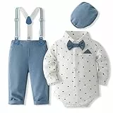 Fohuanky Baby Boy Formales Outfit Gentlemen Kleidung Set Strampler Hemd mit Fliege Hosenträger Hose & Hut für Hochzeit Geburtstag Party