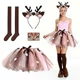 TGKYK Bambi Kostüm Damen, Rentier Karneval Damenkostüm mit Haarband, Tutu, Aufkleber, Socken, Damen Geweih Kostüm Set, Rehkostüm Dame für Fasching Karneval Cosplay Mottoparty