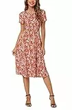 EXCHIC Damen Freizeit Rundhals A-Linie Kurzarm Midi Kleid Elegant Blumen Sommer Knielang Kleider (L, 16)