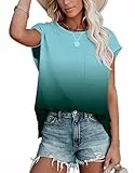 ANCAPELION Damen Casual T-Shirt Kurzarm Sommer Tops Lose Oberteile Rundhals Basic Bluse mit Tasche Gradient Grün L