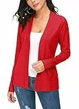 EXCHIC Damen Elegant Langarm Elastisch Strickjacke Cardigan Casual Leicht V-Ausschnitt Gestrickt Blazer (M, Rot)