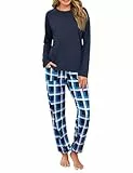 Uniexcosm Schlafanzug Damen Lang Zweiteiler Pyjama Set Rundhals Oberteil und Karierte Pyjamahose Herbst Winter Loungewear für Frauen Marineblau M