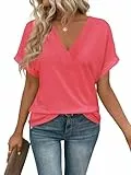 Cuptacc Tops für Damen V-Ausschnitt Kurzarm Wassermelone Rot Tshirt Sexy Locker Tunika Bluse Damen Elegant Wassermelone Rot, XL 46-48