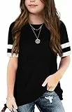 Haloumoning T-Shirt Mädchen Kurzarm Rundhals Tops Kinder Sommer Lose Streifen Shirt Casual Basic Sport Tees Oberteile 5-14 Jahre, Schwarz, 11-12 Jahre