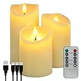 Dixmas LED Kerzen Aufladbar 3er Set mit Fernbedienung, LED Stumpenkerzen USB-C Wiederaufladbar Elektrische Kerzen Flackernd mit Timerfunktion für Zimmer Halloween Garten Weihnachten Deko