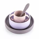 reer Silikon Geschirrset| Kinder-Geschir | 4-teilig – Teller, Schale, Becher & Löffel | lebensmittelechtes Silikon | geeignet für Backofen, Mikrowelle & Gefrierschrank |spülmaschinengeeignet |lila