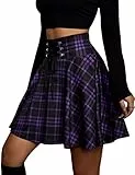 KOJOOIN Damen Rock Kariert Mini-Faltenrock Gothic Kleid Hohe Taille Cosplay Kleid A-Linie zum Schnüren Grape XL