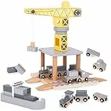 Mamabrum Hafenkran Spielset mit Magnetwinde, Holz-LKW, Lokomotive, Waggons, Frachtschiff & 12 Container - Lehrreiches Holzspielzeug für Kinder ab 3 Jahren (20 Teile)