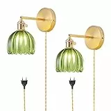 NETHCUEL Steckbare Wandlampe-Set (2), Vintage Wandlampe Innen Tulpen Grüne Glaskerze, 180° Verstellbar mit Schalter/Steckkabel, Goldene Wandlampe Dekoration (2), Leuchtmittel Nicht Enthalten