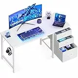 Coleshome Schreibtisch mit 3 Stoff Schubladen, 120x48cm Computertisch mit Kopfhörer Halter, Reversibler PC Schreibtisch Bürotisch für kleines Heimbüro, Weiß