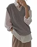 Tongmingyun Pullunder Damen Ärmellos V-Ausschnitt Strickweste Oversize Pullover Strickpullover Strickpulli Casual Damen Herbst Pullover Mode Feinstrick Strickweste Grau S