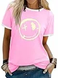 WIEIYM Tshirt Damen Rundhals Kurzarm T-Shirts Sommer T Shirts Brief Leichtes Shirt Gedruckt Lässig Tee Shirts Oberteile Tops Bluse,AA-Hellrosa,XL
