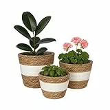 Relaxdays Blumentopf, 3er Set, Schilf, Pflanzentöpfe mit Folie, 3 Größen, Boho-Style, runde Blumenübertöpfe, weiß/braun