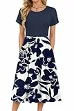 MOLERANI Damen Sommerkleider Knielang Rundhals Blumenmuster Freizeitkleid Elegant Kleider Loose Swing Damenkleid Casual Midikleid mit Taschen Weiße Marineblume L